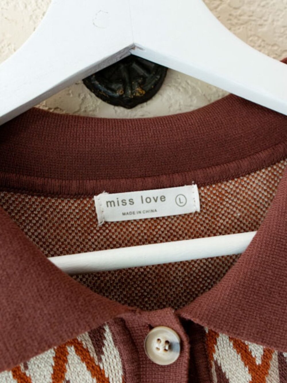 Miss Love Retro Geometric Crop Polo Top Brown Mod Sweater Knit Large - Picture 2 of 12